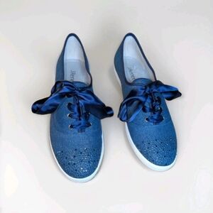 J Renee Women's Shoes Sneakers Denim Navy & White Satin Laces W/Rhinestones 11M
